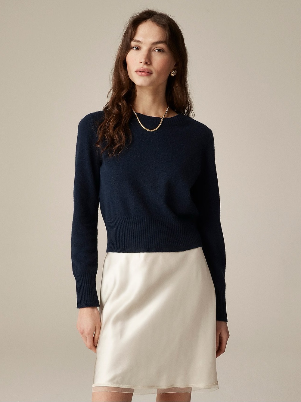 NWT J. CREW Women’s 100% Cashmere shrunken crewneck sweater cropped fit navy XL
